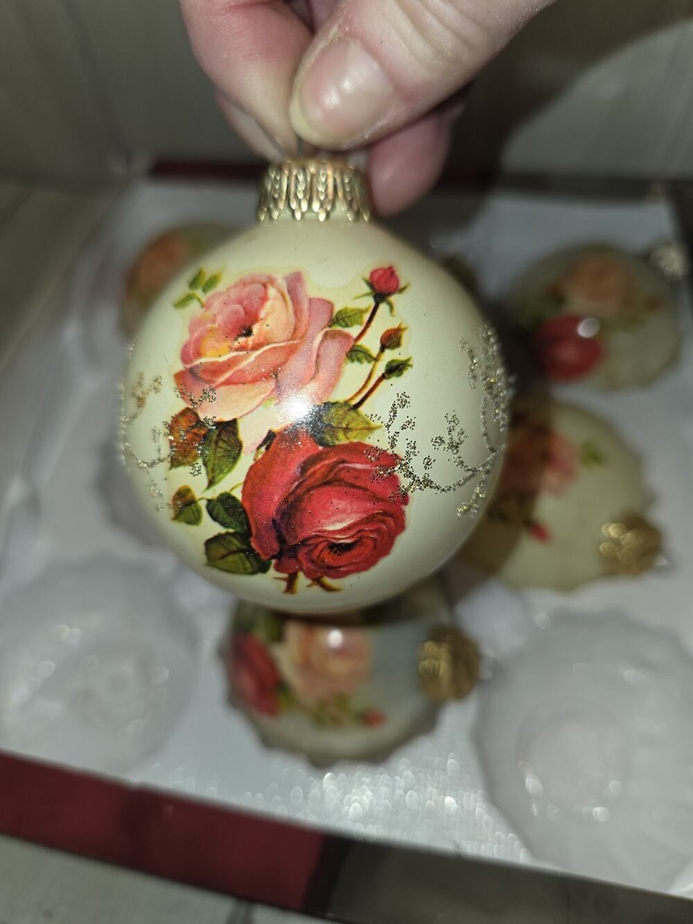 Vtg 6 Victorian Rose West Germany Glass Christmas Ornaments Romantic Coquette